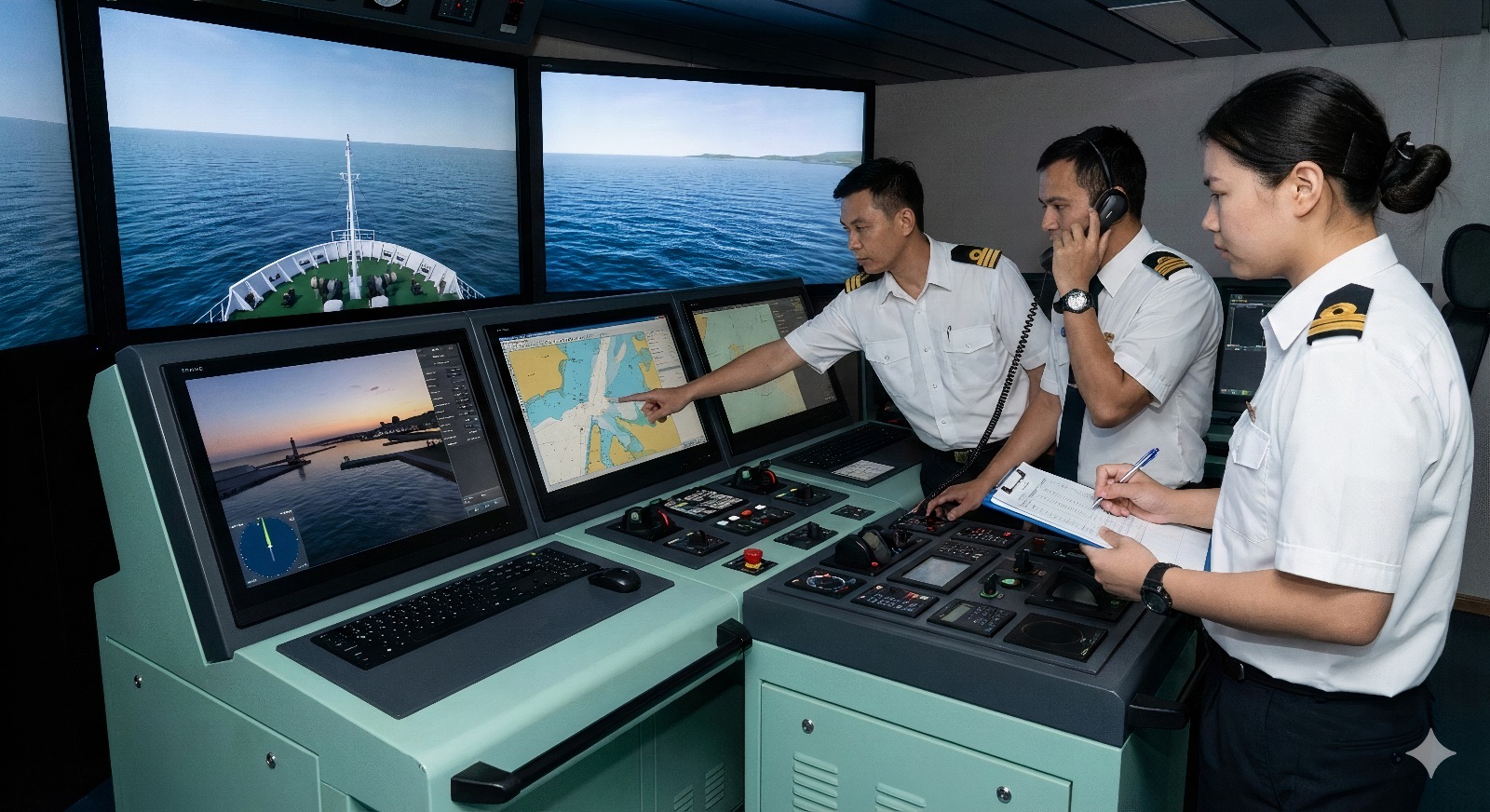 Maritime officers in bridge simulator for practical scenario training - HF-Sea Sense Applied Understanding level
